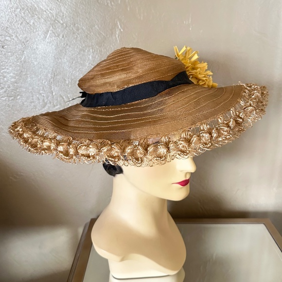LOVELY LATE 1920s\' GOLD SHEER FABRIC WIDE BRIM HAT + DETAILED EDGING  ON BRIM main image 11